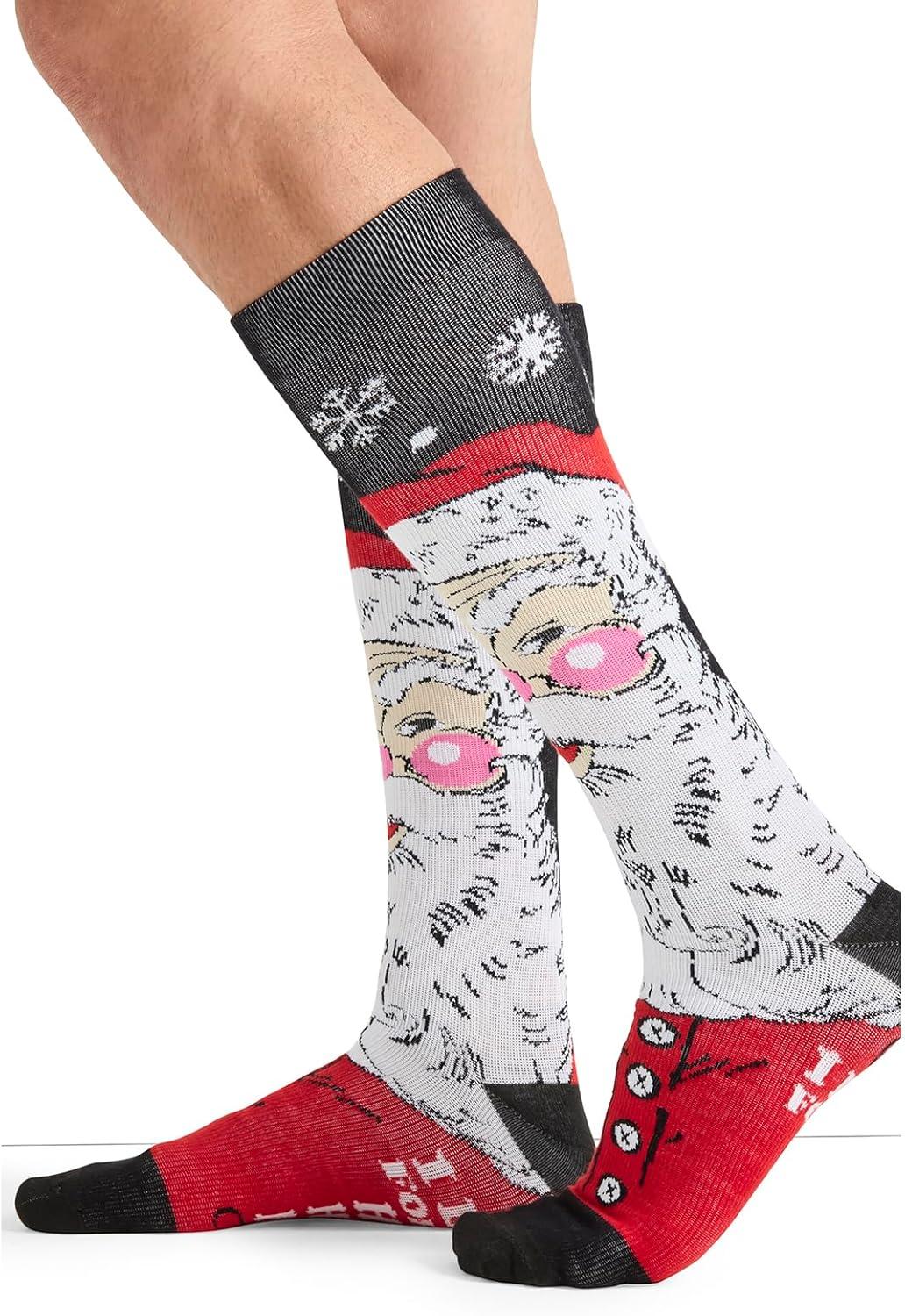 imageCherokee Mens Compression Socks 1015 mmHg Knee High Colorful Print Lightweight 1 Pair Pack MPRINTSUPPORTSanta Smiles