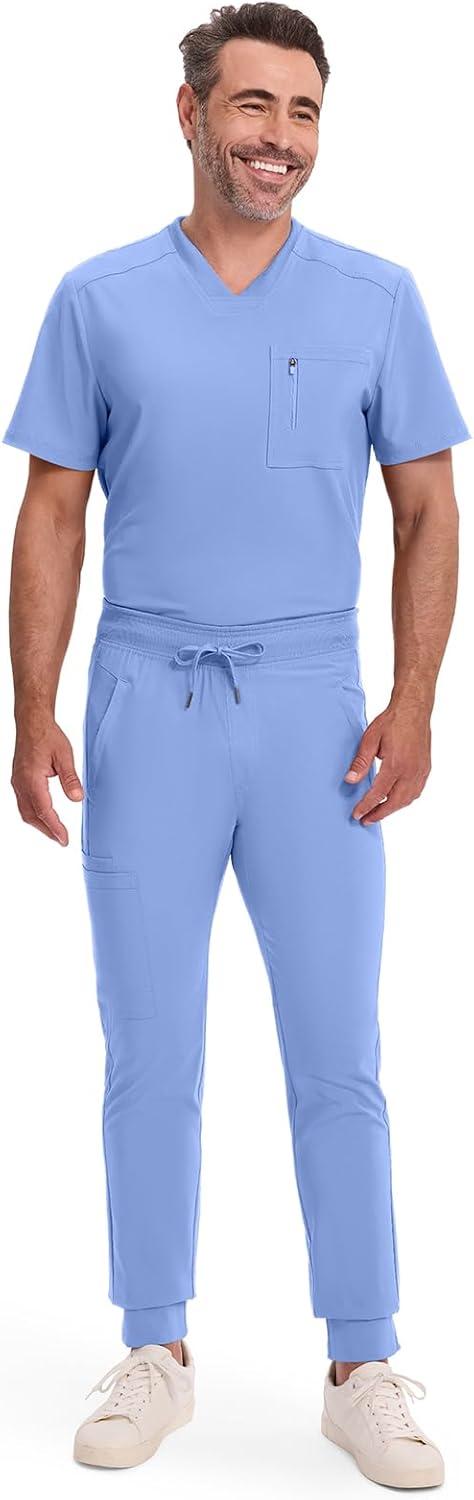 imageCherokee Mens Mid Rise Jogger Scrub Pants with Zipper Cargo Pocket 360 Stretch Moisture Wicking PROTX2 Fabric CK004ACiel Blue