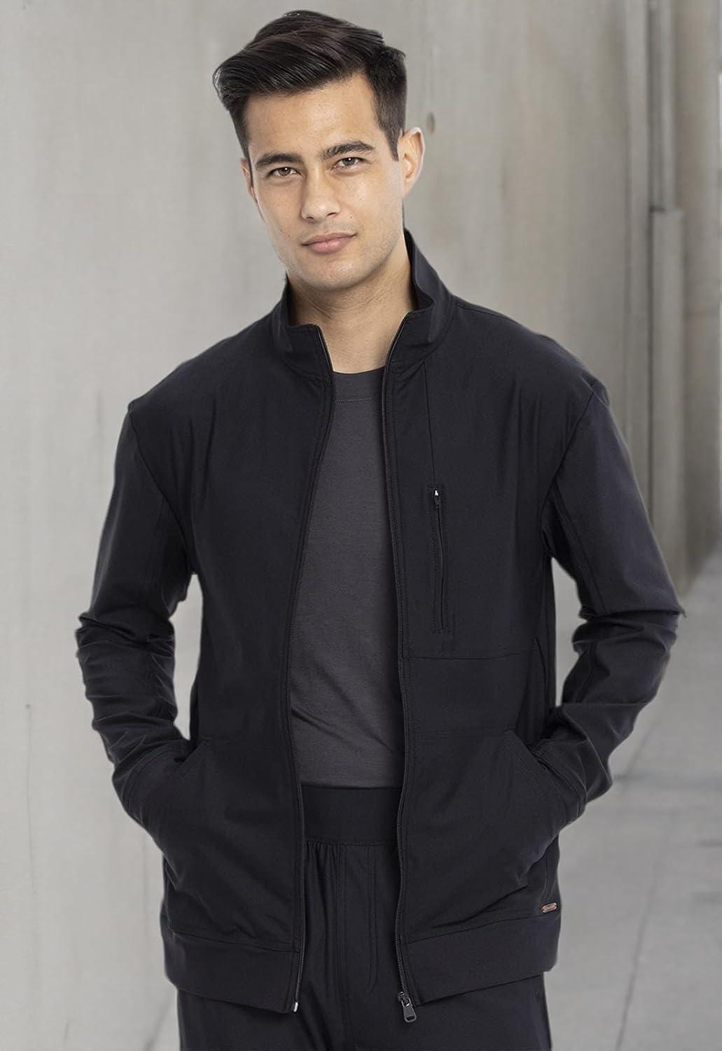 imageCherokee Mens Scrub Jacket with a Standard Collar Zipper Front and 4 Pockets CK399Black