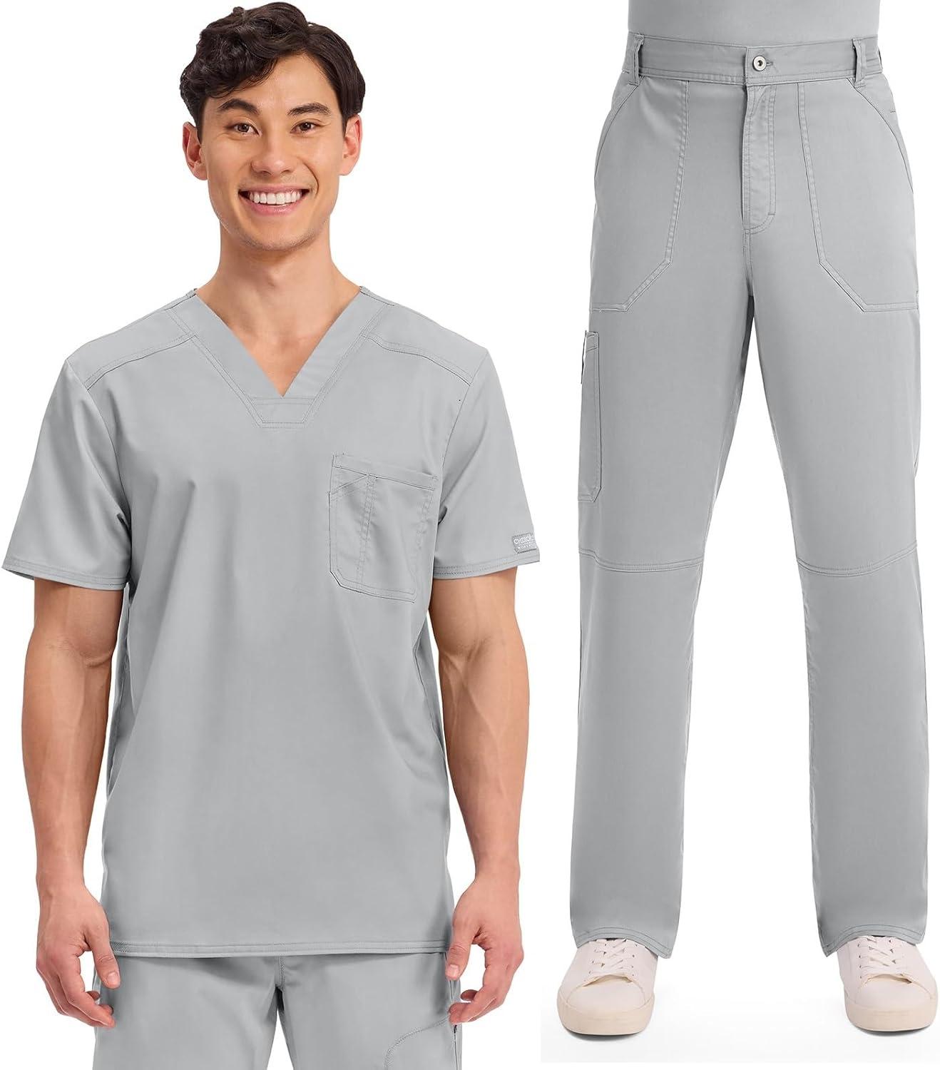 imageCherokee Premium Scrub Set for Men Modern Fit VNeck Top WW690 with Tapered Leg Button Closure amp Inside Drawstring Pant WW140Grey