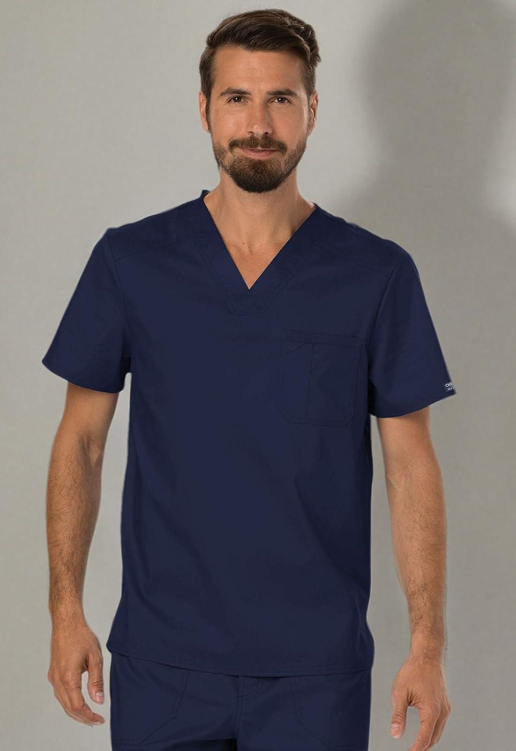 imageCherokee Premium Scrub Set for Men Modern Fit VNeck Top WW690 with Tapered Leg Button Closure amp Inside Drawstring Pant WW140Navy