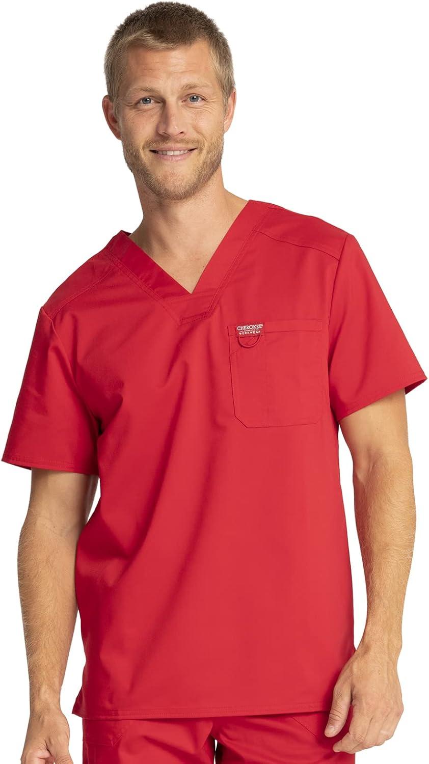 imageCherokee Premium Scrub Set for Men Modern Fit VNeck Top WW690 with Tapered Leg Button Closure amp Inside Drawstring Pant WW140Red