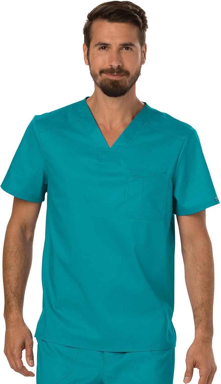 imageCherokee Premium Scrub Set for Men Modern Fit VNeck Top WW690 with Tapered Leg Button Closure amp Inside Drawstring Pant WW140Teal Blue