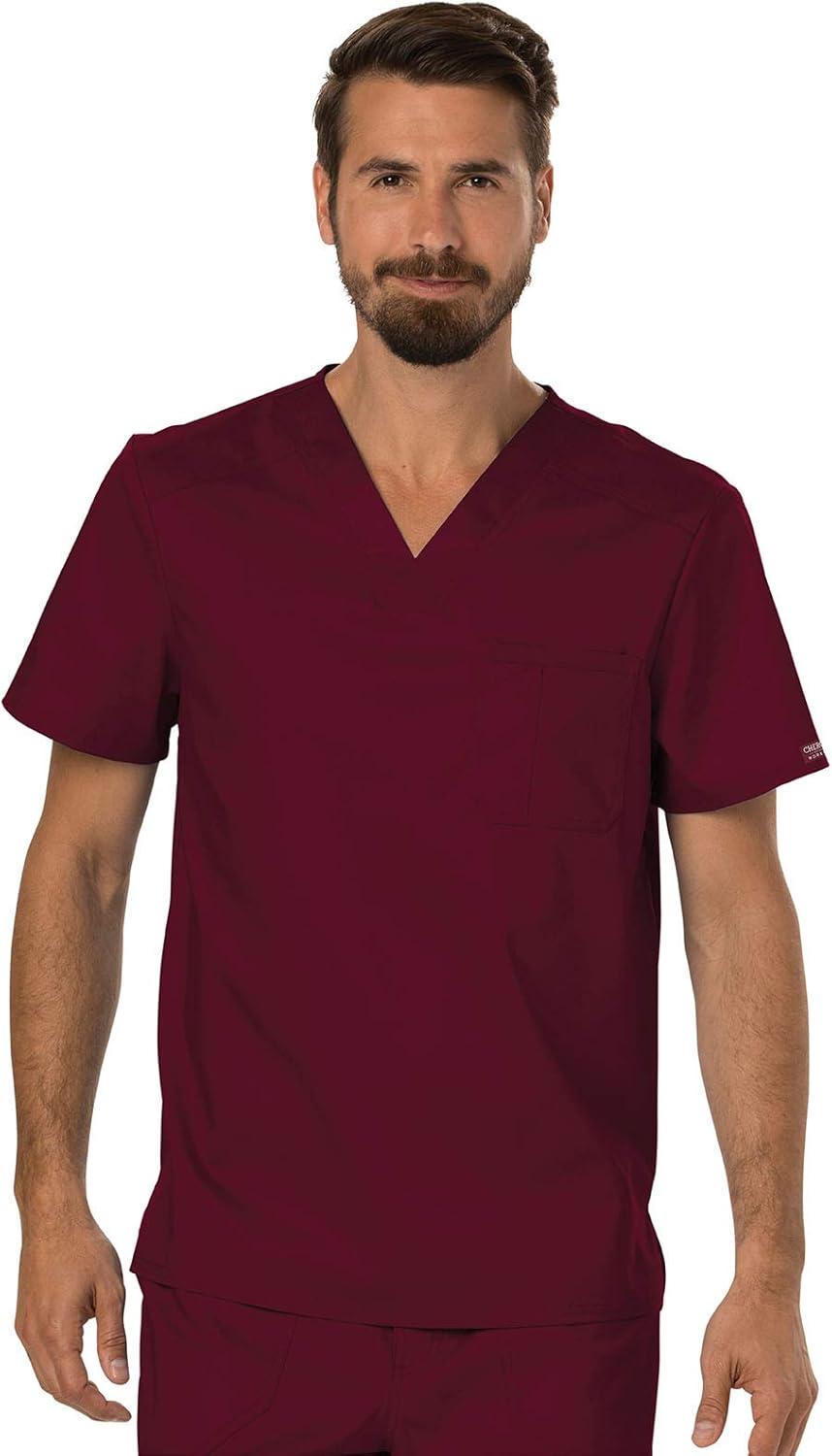 imageCherokee Premium Scrub Set for Men Modern Fit VNeck Top WW690 with Tapered Leg Button Closure amp Inside Drawstring Pant WW140Wine