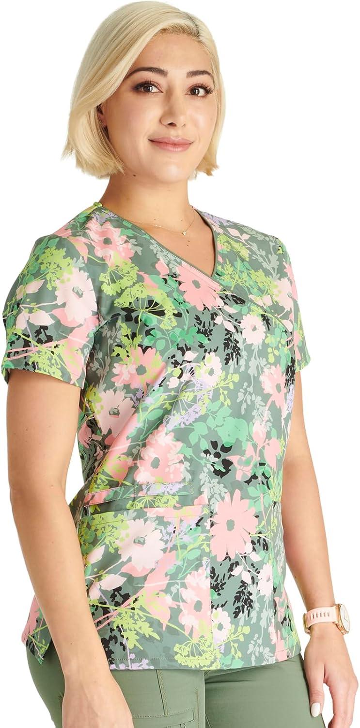 imageCherokee Prints Women Scrubs Top Mock Wrap Print CK688Botanics in Bloom