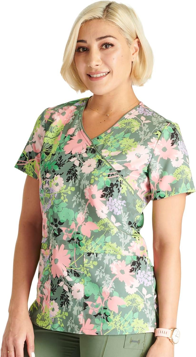 imageCherokee Prints Women Scrubs Top Mock Wrap Print CK688Botanics in Bloom