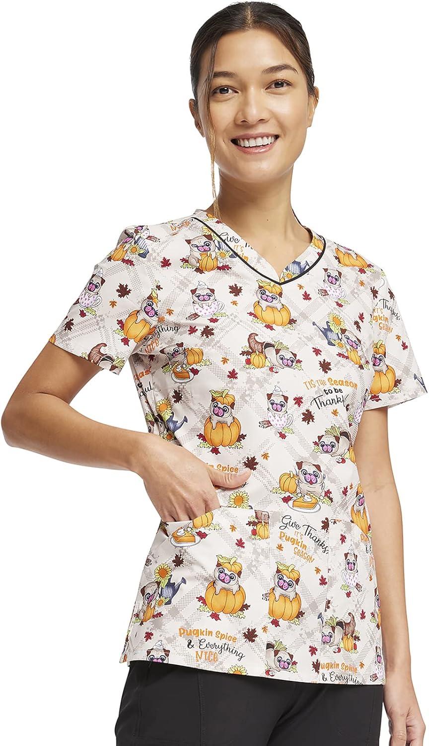 imageCherokee Prints Women Scrubs Top VNeck Print CK646Pugkin Spice Season