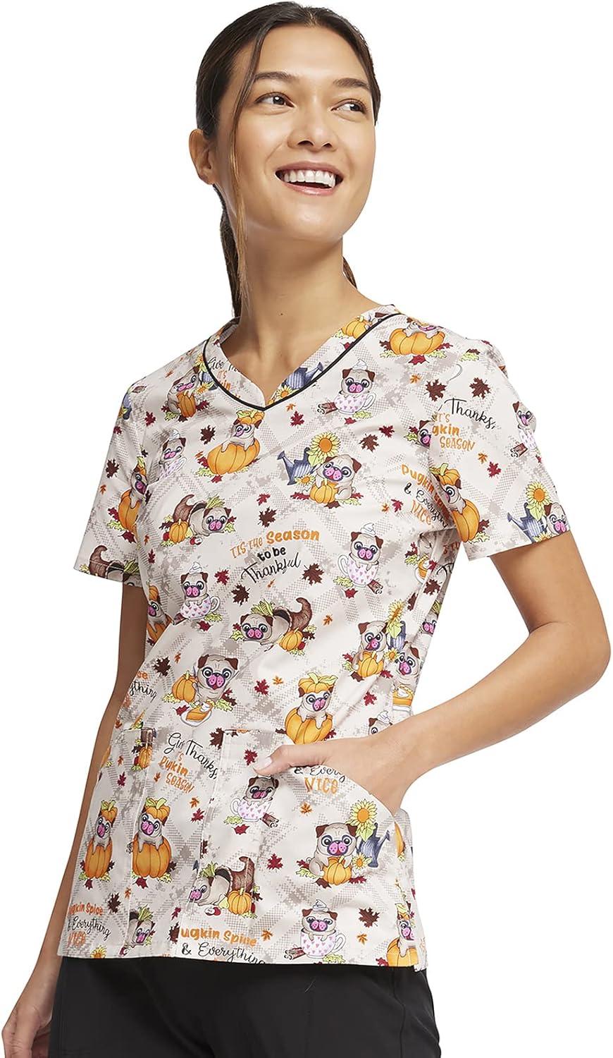 imageCherokee Prints Women Scrubs Top VNeck Print CK646Pugkin Spice Season