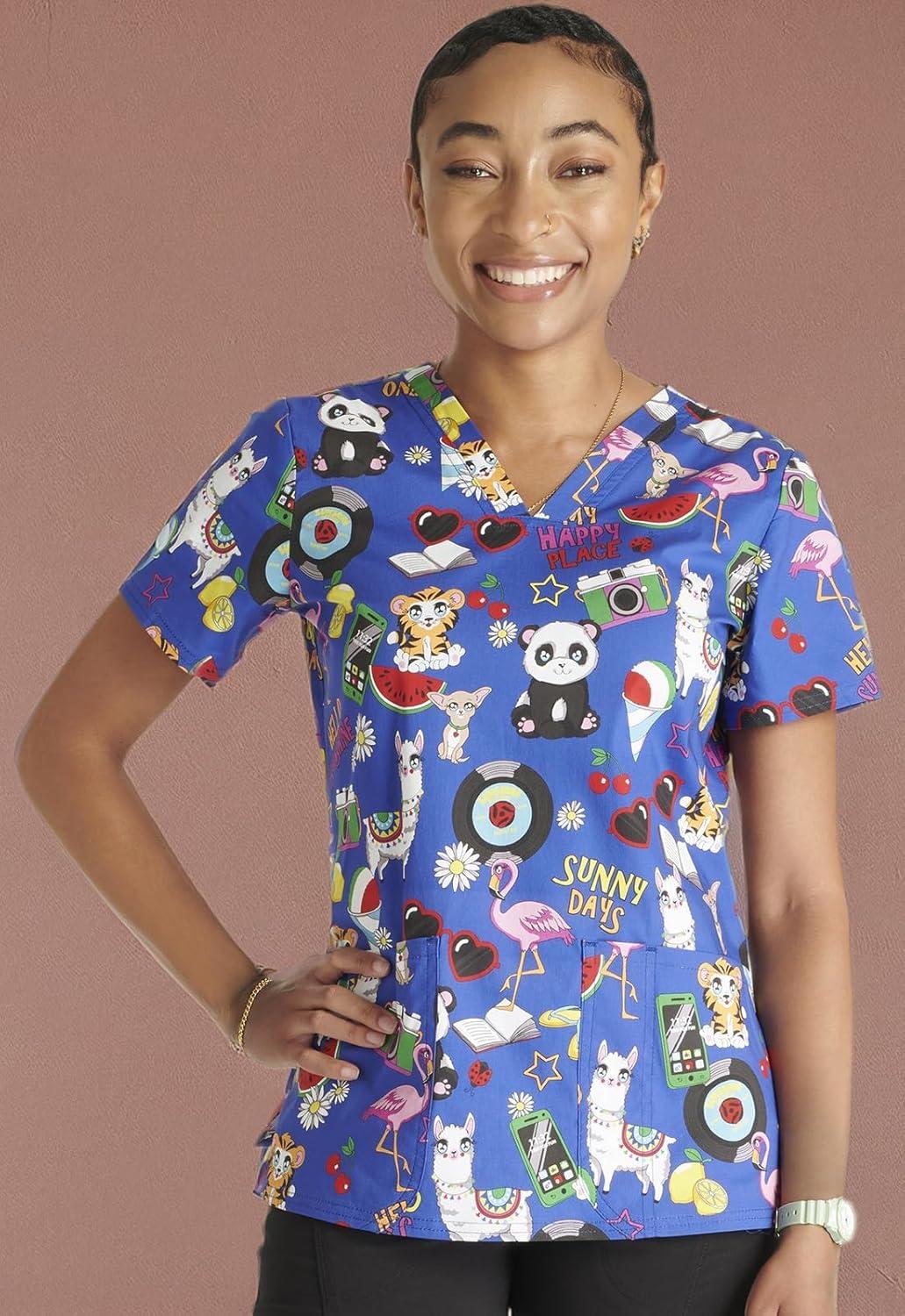 imageCherokee Prints Women Scrubs Top VNeck Print CK651Happy Vibes
