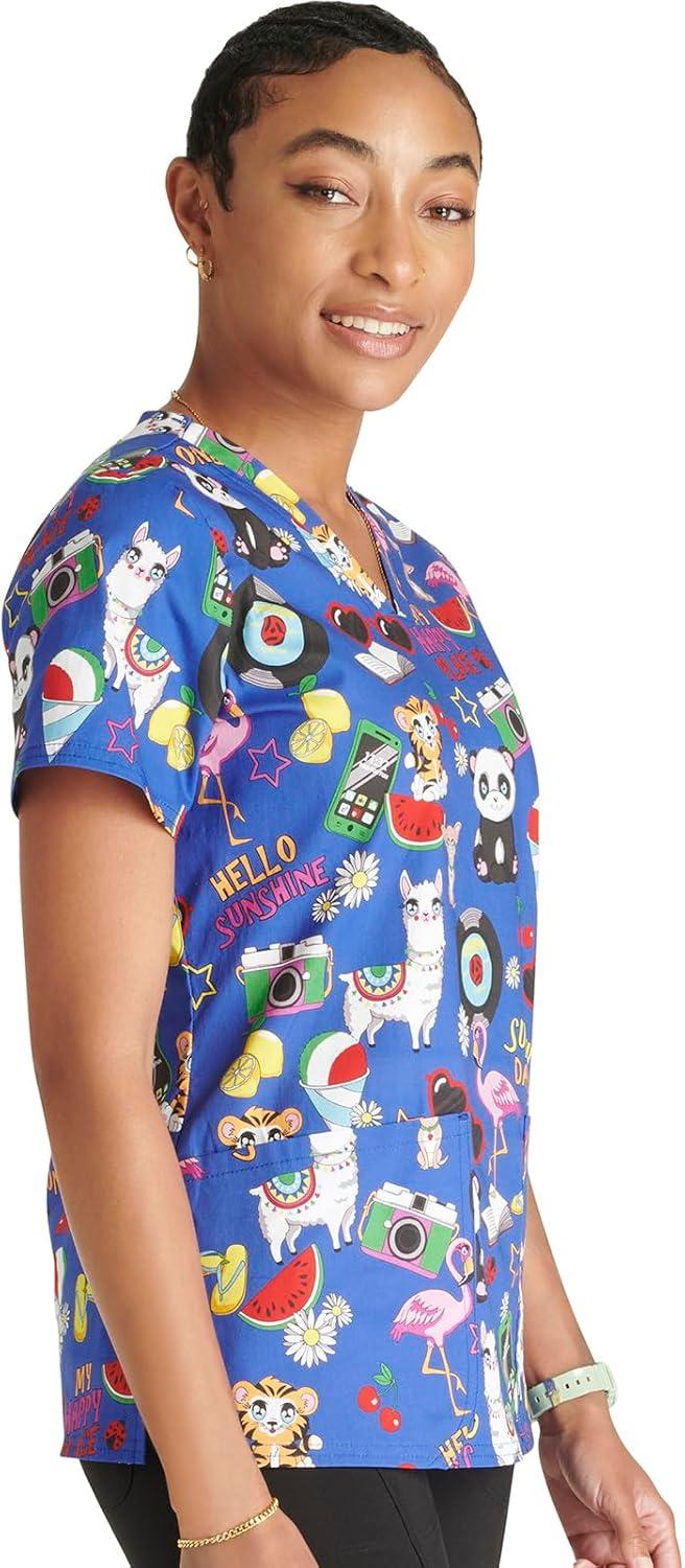 imageCherokee Prints Women Scrubs Top VNeck Print CK651Happy Vibes