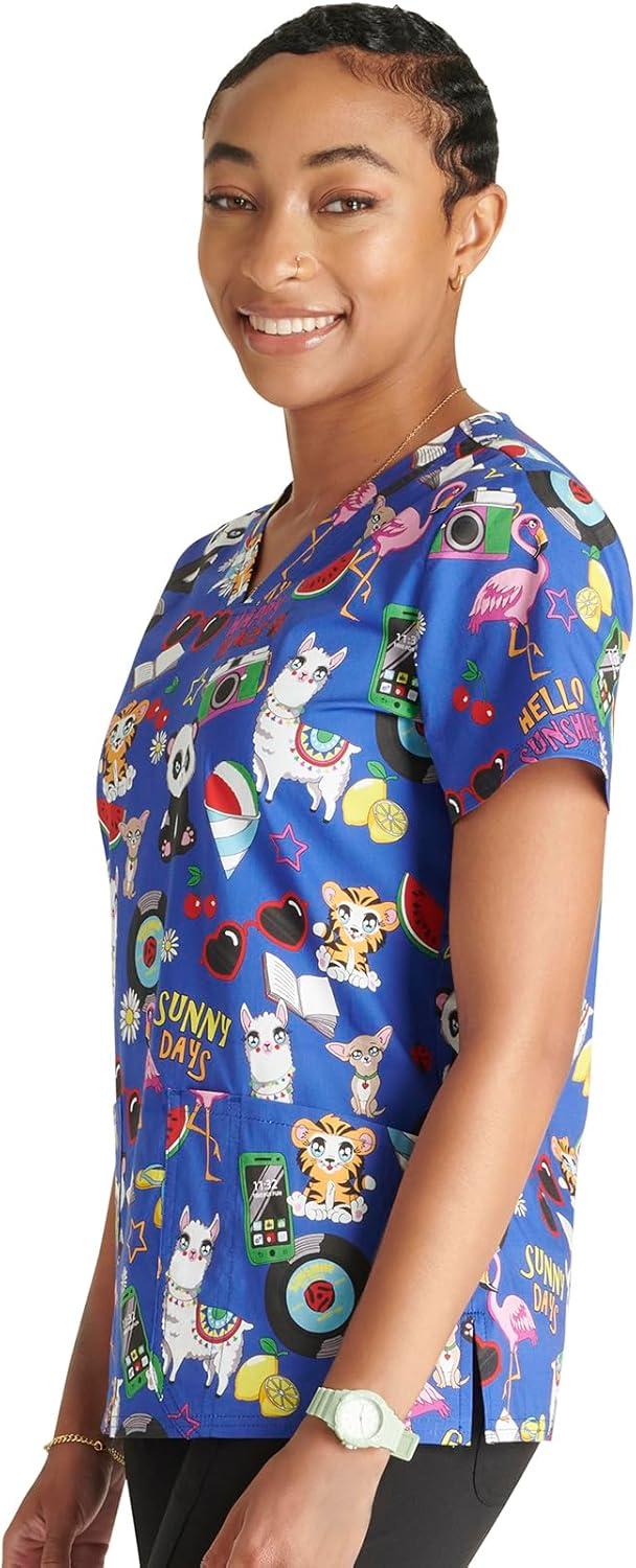 imageCherokee Prints Women Scrubs Top VNeck Print CK651Happy Vibes