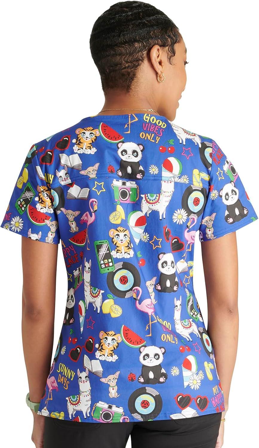 imageCherokee Prints Women Scrubs Top VNeck Print CK651Happy Vibes