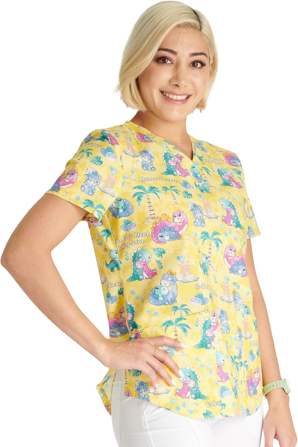 imageCherokee Prints Women Scrubs Top VNeck Print CK652Babysaur Love