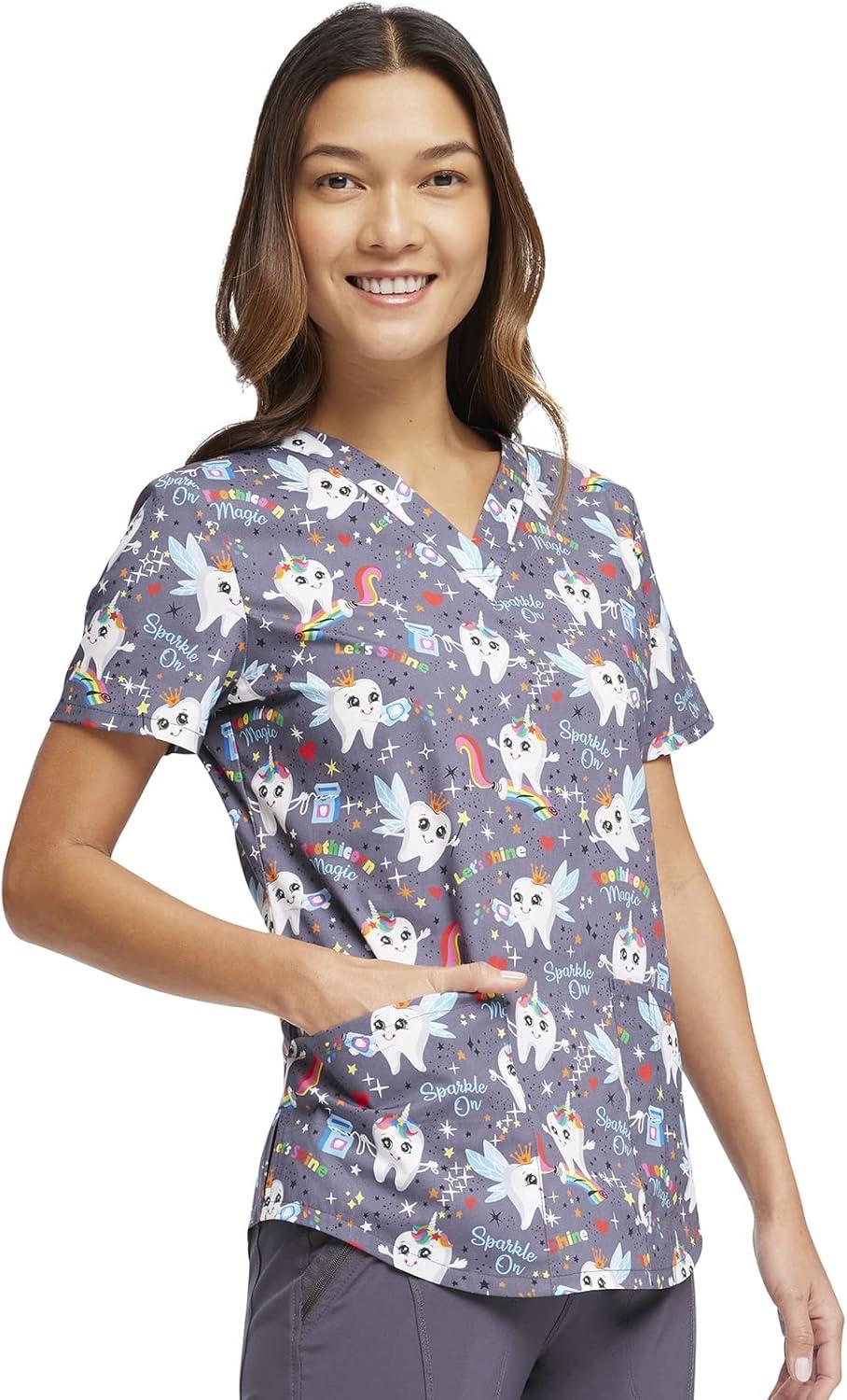 imageCherokee Prints Women Scrubs Top VNeck Print CK652Toothicorn Magic