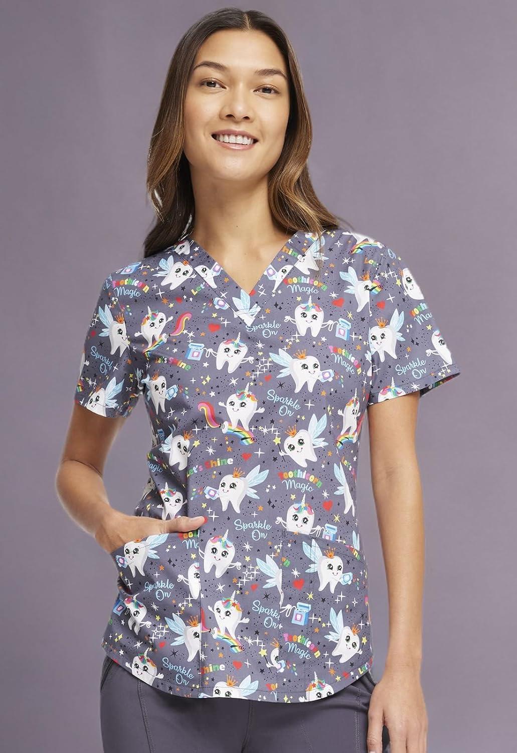 imageCherokee Prints Women Scrubs Top VNeck Print CK652Toothicorn Magic