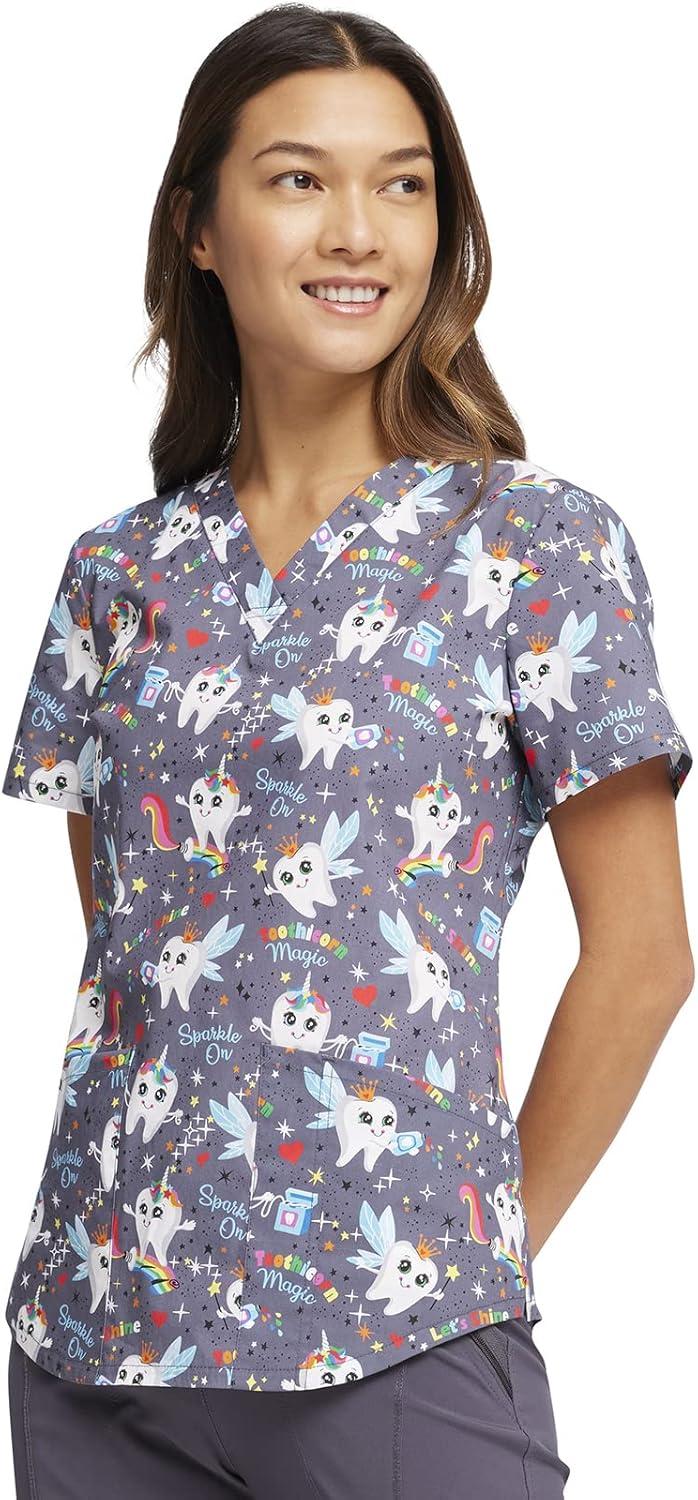 imageCherokee Prints Women Scrubs Top VNeck Print CK652Toothicorn Magic