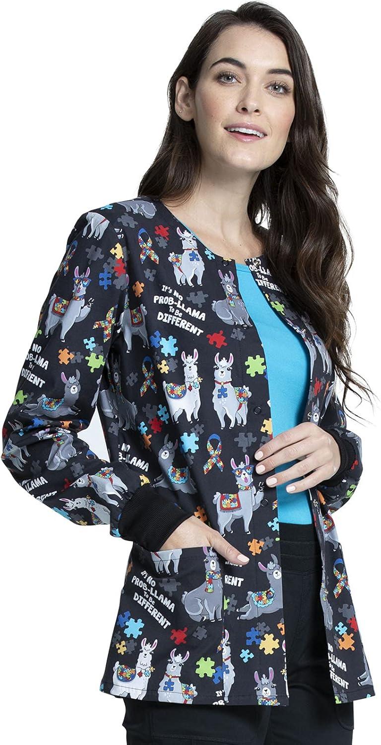 imageCherokee Prints Women Warm Up Scrubs Jacket Snap Front CK301Llama Love