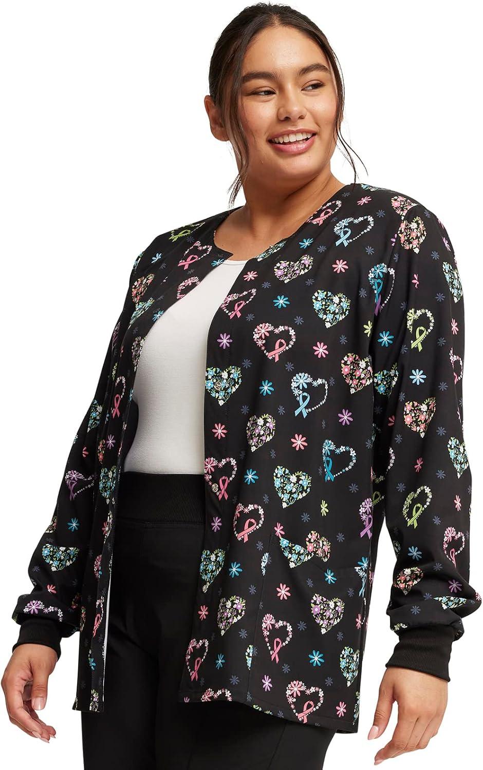 imageCherokee Scrub Jackets For Woman Printed Snap Front Modern Classic Fit 2 Pockets RibKnit Cuffs CK321Care Florall