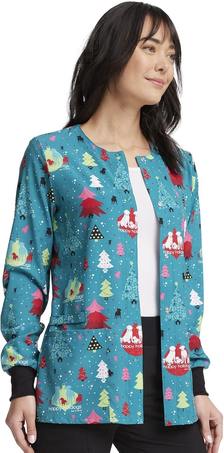 imageCherokee Scrub Jackets For Woman Printed Snap Front Modern Classic Fit 2 Pockets RibKnit Cuffs CK321Happy Holidogs