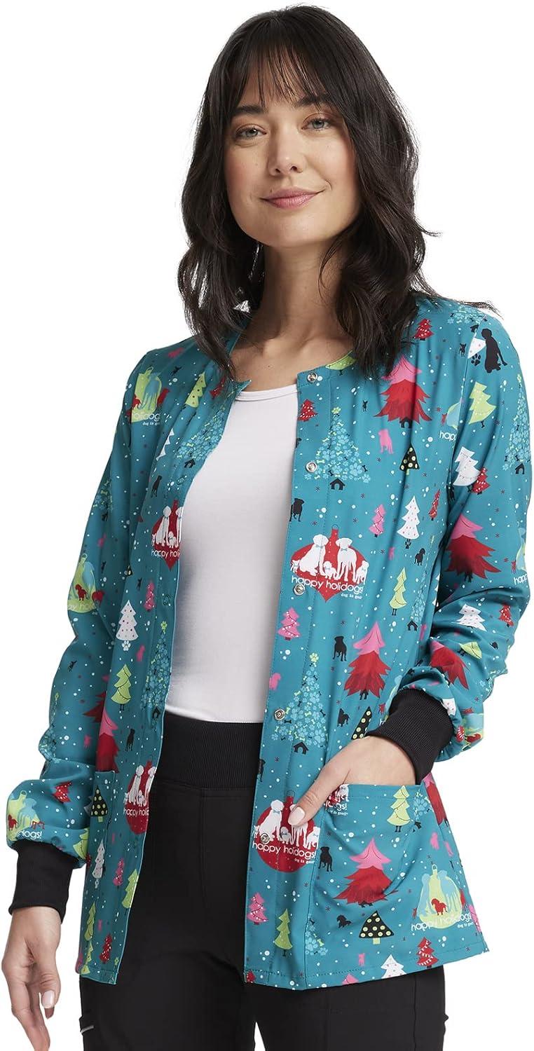 imageCherokee Scrub Jackets For Woman Printed Snap Front Modern Classic Fit 2 Pockets RibKnit Cuffs CK321Happy Holidogs
