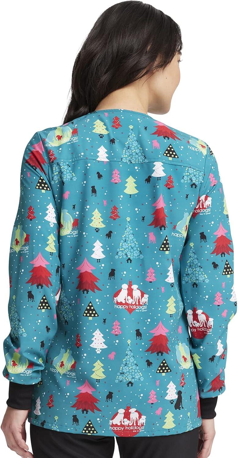 imageCherokee Scrub Jackets For Woman Printed Snap Front Modern Classic Fit 2 Pockets RibKnit Cuffs CK321Happy Holidogs