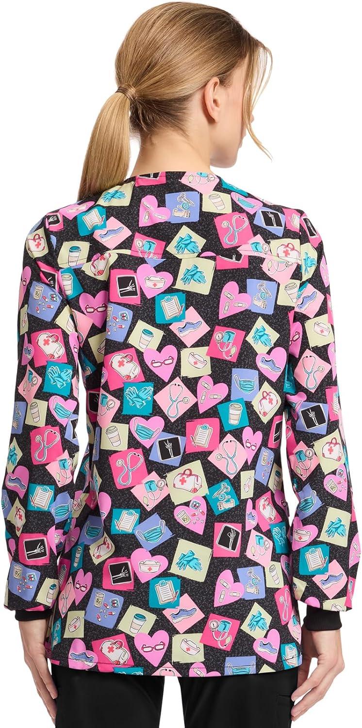 imageCherokee Scrub Jackets For Woman Printed Snap Front Modern Classic Fit 2 Pockets RibKnit Cuffs CK321Healthabet