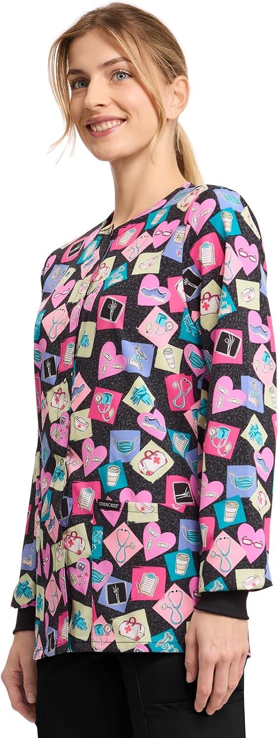 imageCherokee Scrub Jackets For Woman Printed Snap Front Modern Classic Fit 2 Pockets RibKnit Cuffs CK321Healthabet