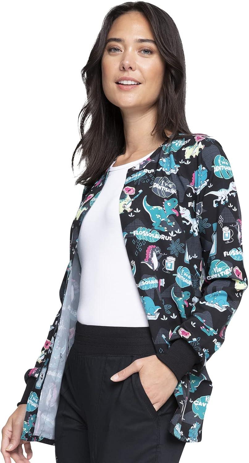 imageCherokee Scrub Jackets For Woman Printed Snap Front Modern Classic Fit 2 Pockets RibKnit Cuffs CK321Im a Dentisaurus