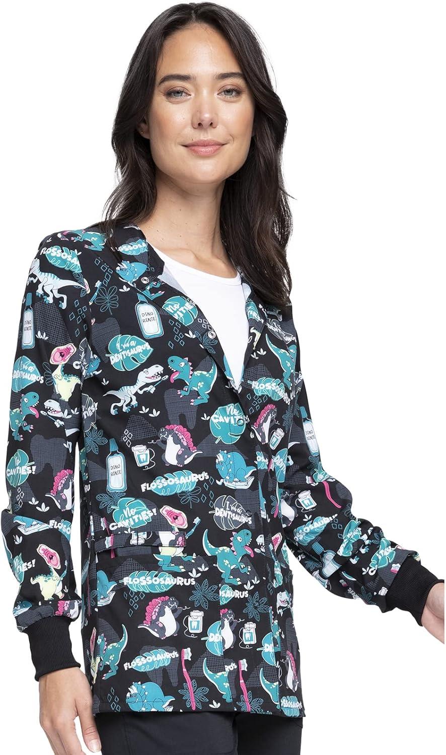 imageCherokee Scrub Jackets For Woman Printed Snap Front Modern Classic Fit 2 Pockets RibKnit Cuffs CK321Im a Dentisaurus