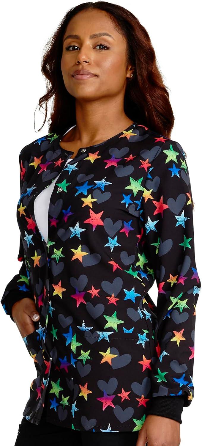 imageCherokee Scrub Jackets For Woman Printed Snap Front Modern Classic Fit 2 Pockets RibKnit Cuffs CK321Loving Stars