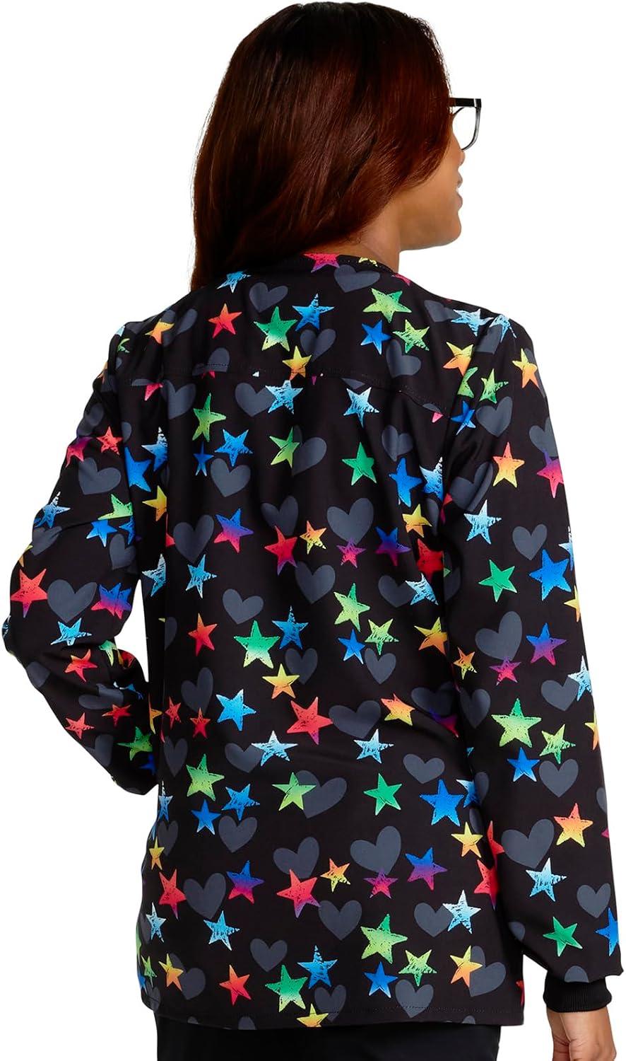 imageCherokee Scrub Jackets For Woman Printed Snap Front Modern Classic Fit 2 Pockets RibKnit Cuffs CK321Loving Stars
