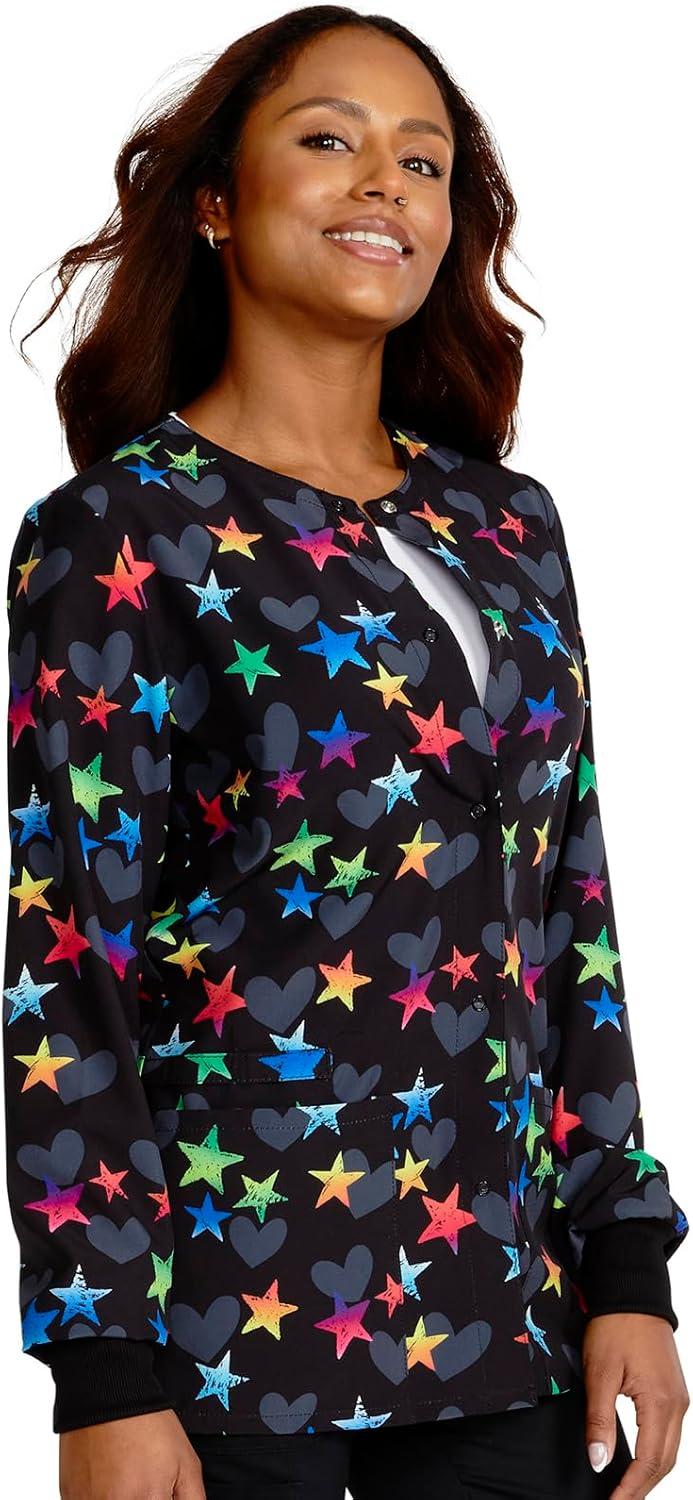 imageCherokee Scrub Jackets For Woman Printed Snap Front Modern Classic Fit 2 Pockets RibKnit Cuffs CK321Loving Stars