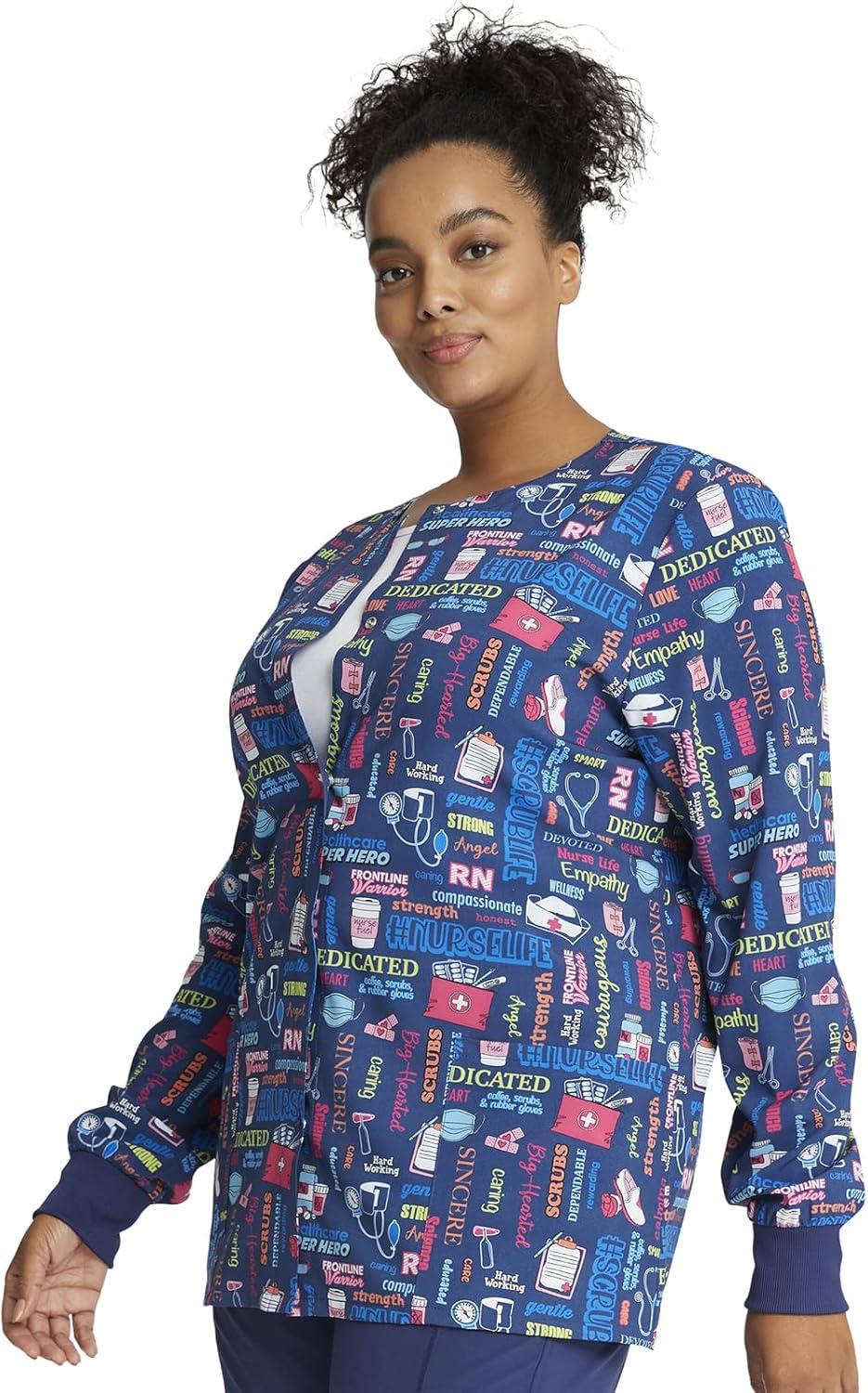 imageCherokee Scrub Jackets For Woman Printed Snap Front Modern Classic Fit 2 Pockets RibKnit Cuffs CK321Scrub Life