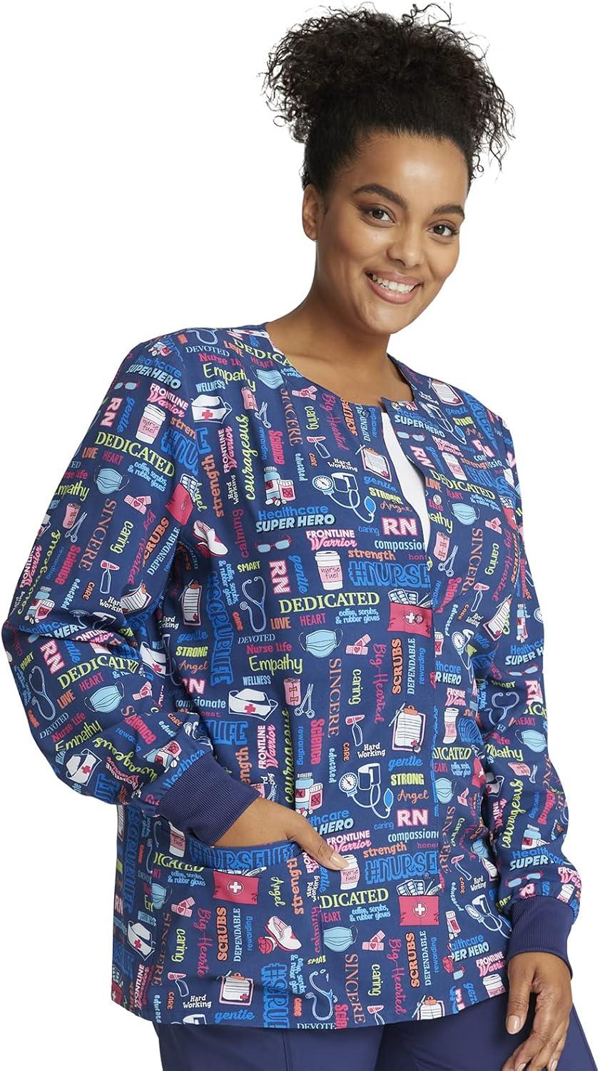 imageCherokee Scrub Jackets For Woman Printed Snap Front Modern Classic Fit 2 Pockets RibKnit Cuffs CK321Scrub Life