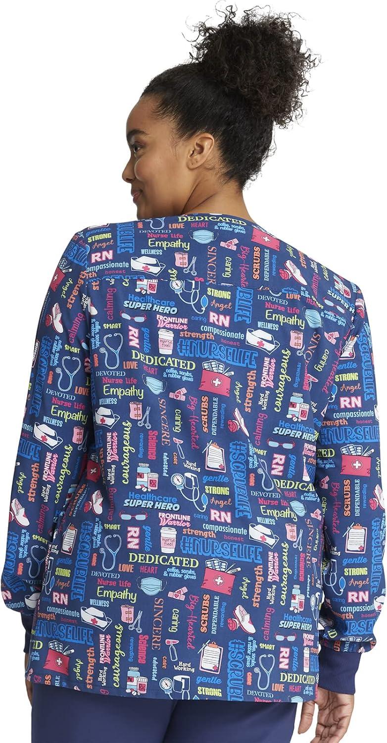 imageCherokee Scrub Jackets For Woman Printed Snap Front Modern Classic Fit 2 Pockets RibKnit Cuffs CK321Scrub Life