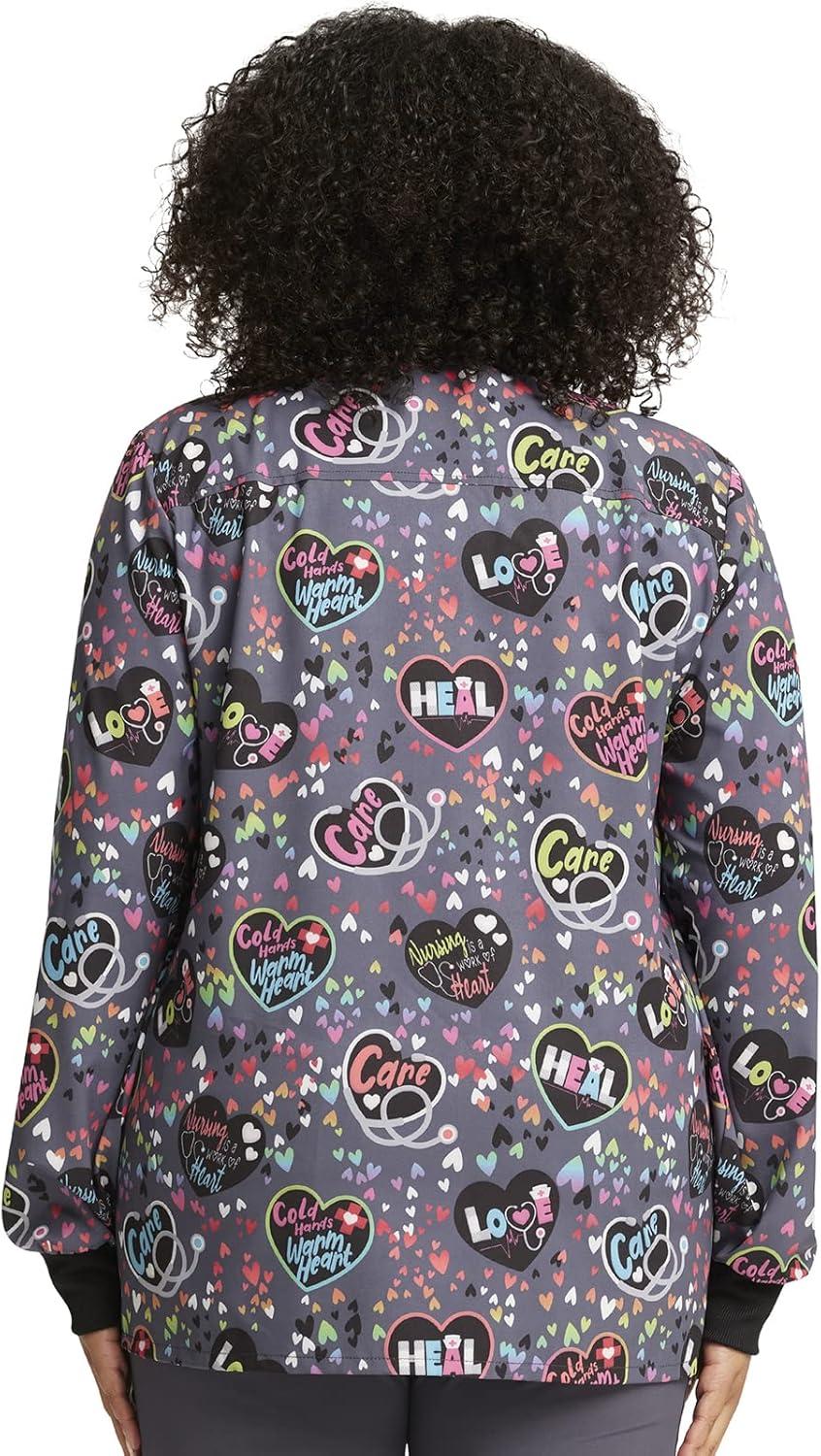 imageCherokee Scrub Jackets For Woman Printed Snap Front Modern Classic Fit 2 Pockets RibKnit Cuffs CK321Work of Heart