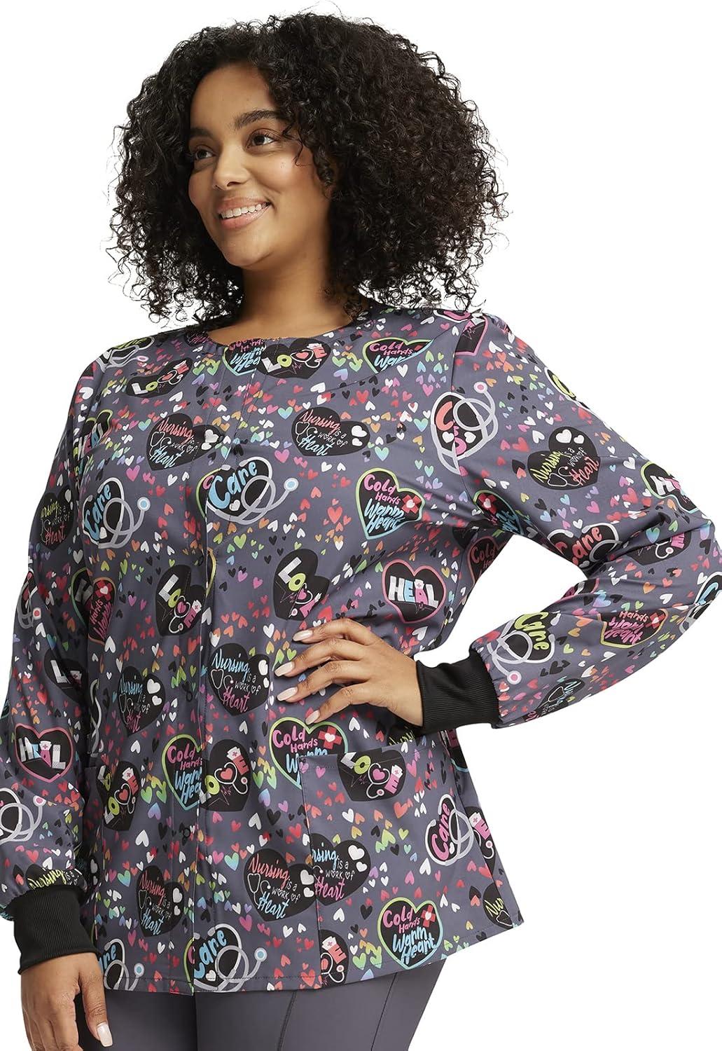 imageCherokee Scrub Jackets For Woman Printed Snap Front Modern Classic Fit 2 Pockets RibKnit Cuffs CK321Work of Heart