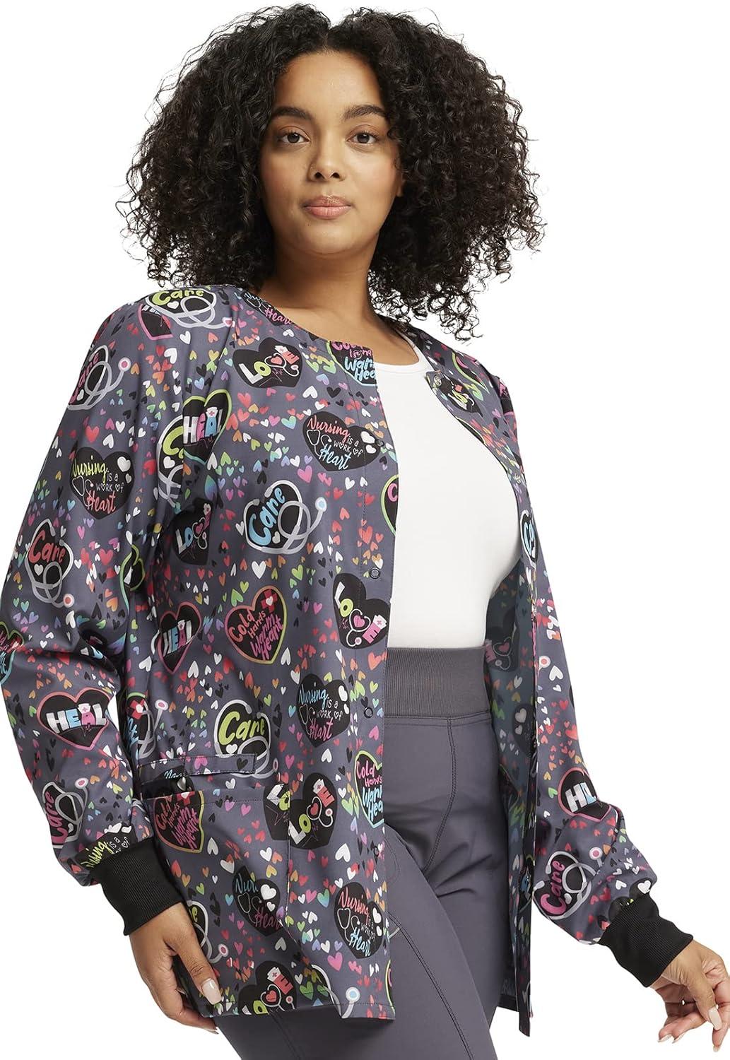 imageCherokee Scrub Jackets For Woman Printed Snap Front Modern Classic Fit 2 Pockets RibKnit Cuffs CK321Work of Heart