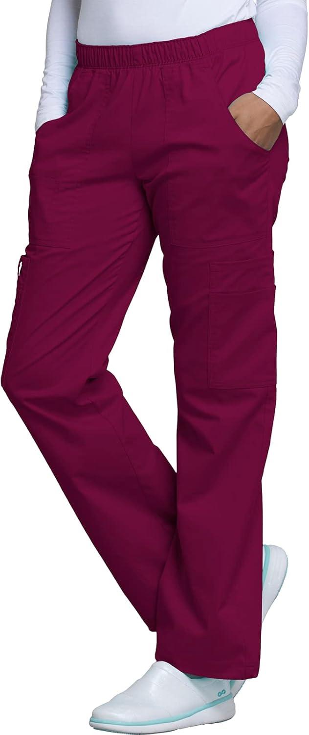 imageCherokee Scrub Pants for Women Mid Rise PullOn Cargo Medical Uniform 7 Pocket Elastic Waist Adjustable Hem Stretch 4005Wine