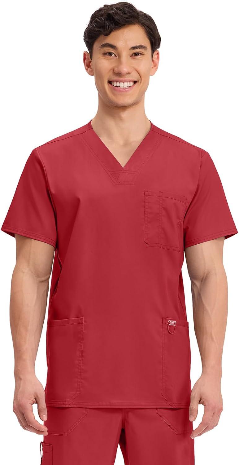 imageCherokee Scrub Set For Men VNeck 3 Pocket Top WW670 with Modern Fit 7 Pocket Tapered Leg Pant WW140Red