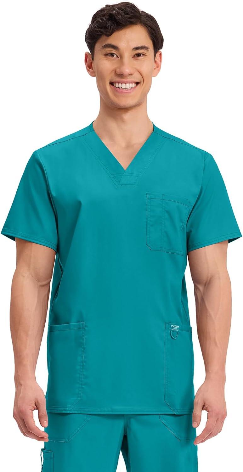 imageCherokee Scrub Set For Men VNeck 3 Pocket Top WW670 with Modern Fit 7 Pocket Tapered Leg Pant WW140Teal Blue