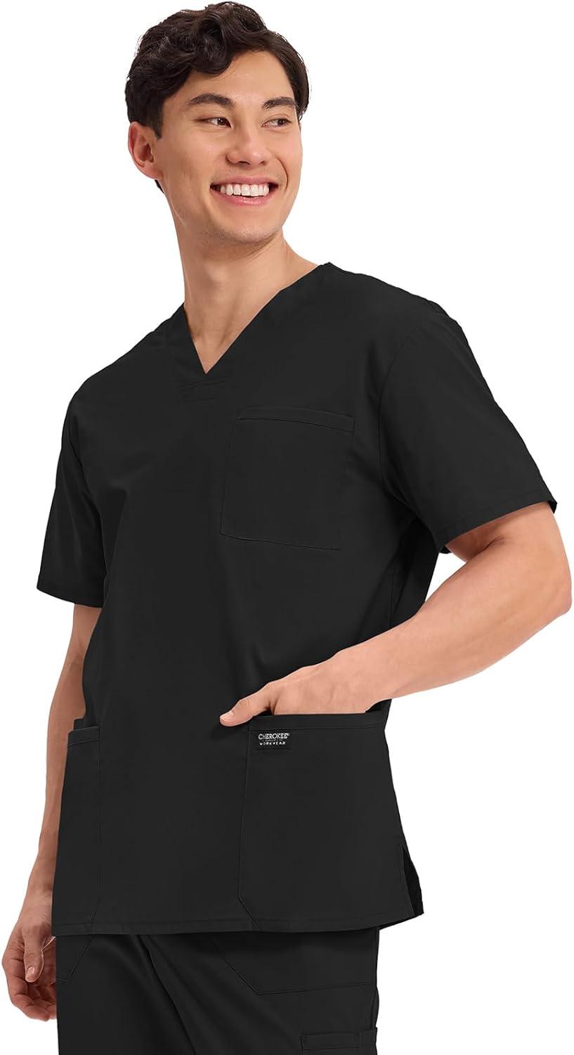 imageCherokee Scrub Set for Men VNeck Top amp Fly Front Tapered Leg Cargo Pant with 9 Pockets amp 2Way Stretch Fabric CK00042CBlack