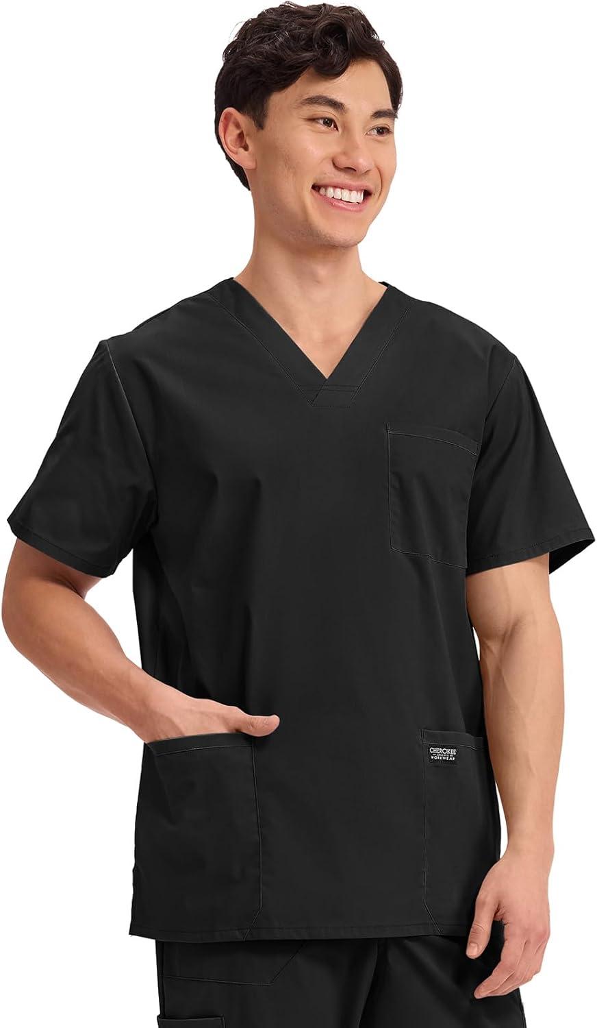 imageCherokee Scrub Set for Men VNeck Top amp Fly Front Tapered Leg Cargo Pant with 9 Pockets amp 2Way Stretch Fabric CK00042CBlack