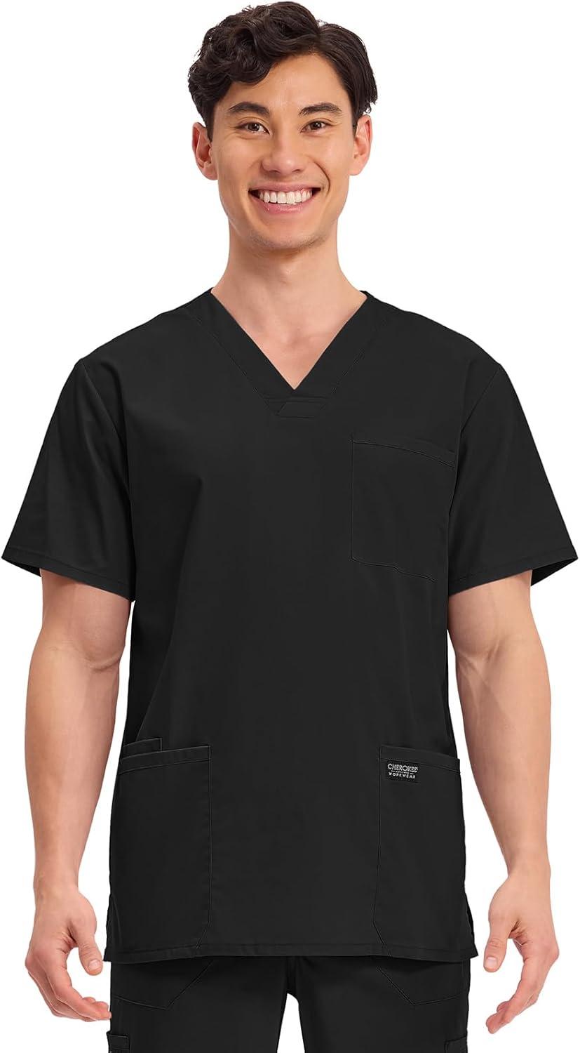 imageCherokee Scrub Set for Men VNeck Top amp Fly Front Tapered Leg Cargo Pant with 9 Pockets amp 2Way Stretch Fabric CK00042CBlack