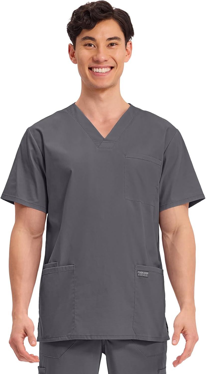 imageCherokee Scrub Set for Men VNeck Top amp Fly Front Tapered Leg Cargo Pant with 9 Pockets amp 2Way Stretch Fabric CK00042CPewter