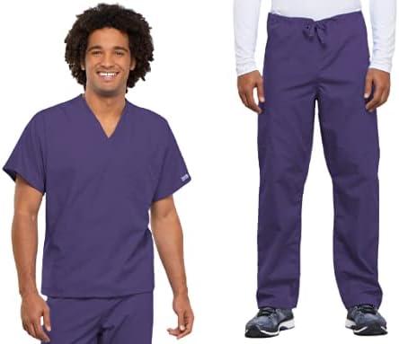 imageCherokee Scrub Set for Men and Women from Traditional Fit VNeck Top 4777 with Natural Rise Drawstring Cargo Pant 4100Grape