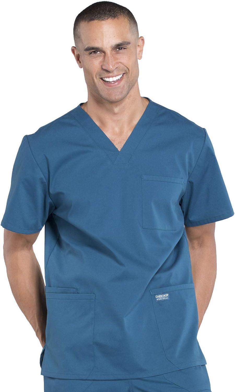 imageCherokee Scrub Set for Men from 4 Pocket VNeck Scrub Top WW695 with 5 Pocket Tapered Leg Fly Front Cargo Pant WW190Caribbean Blue