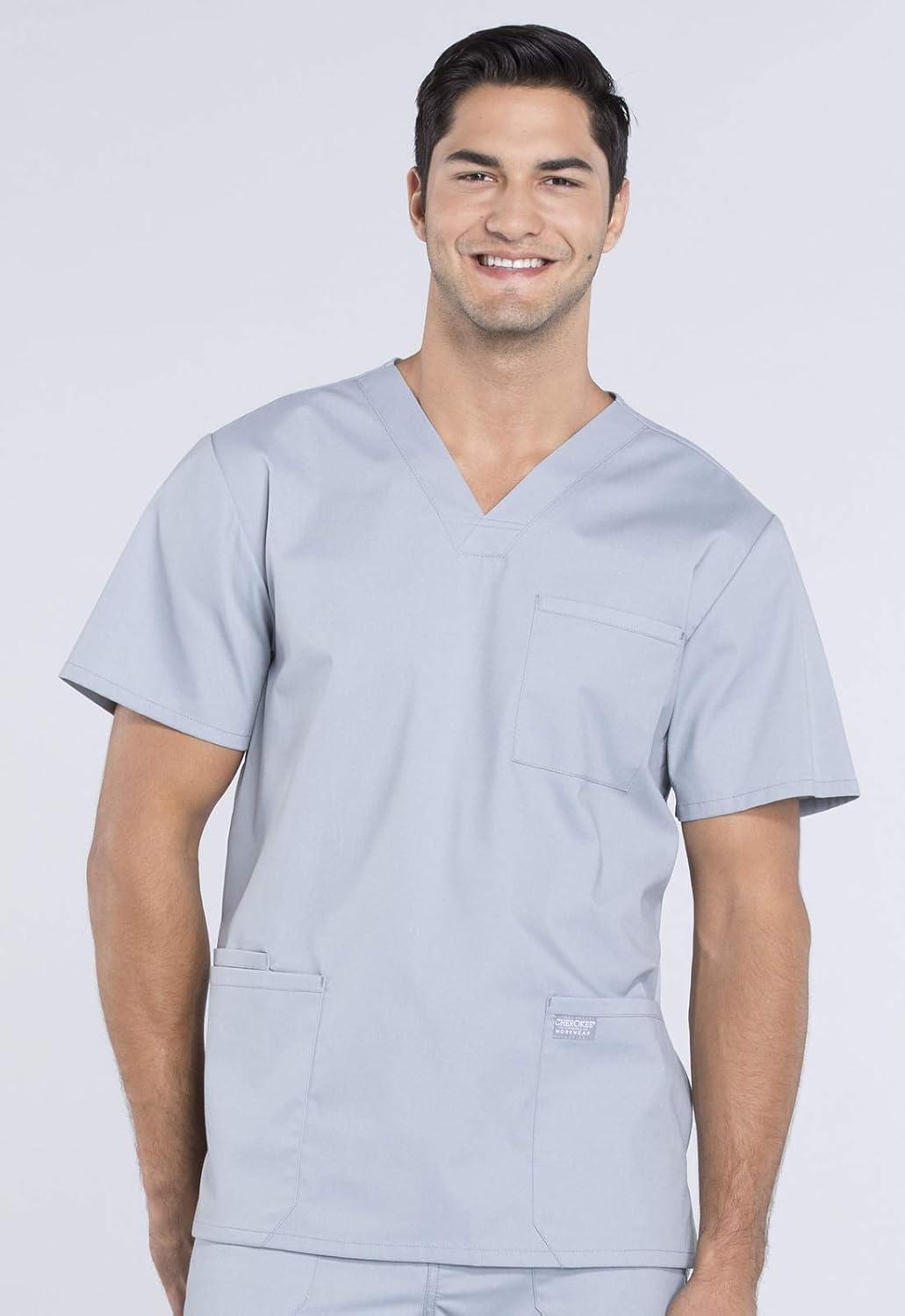 imageCherokee Scrub Set for Men from 4 Pocket VNeck Scrub Top WW695 with 5 Pocket Tapered Leg Fly Front Cargo Pant WW190Grey