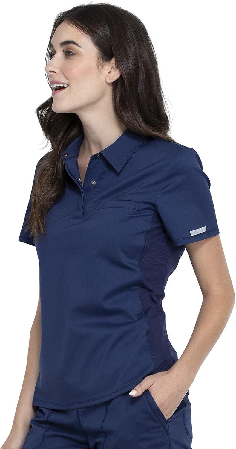 imageCherokee Scrub Set for Women Tuckable Snap Front Polo Shirt WW698 with Mid Rise Tapered Leg Drawstring Scrub Pant WW105Navy