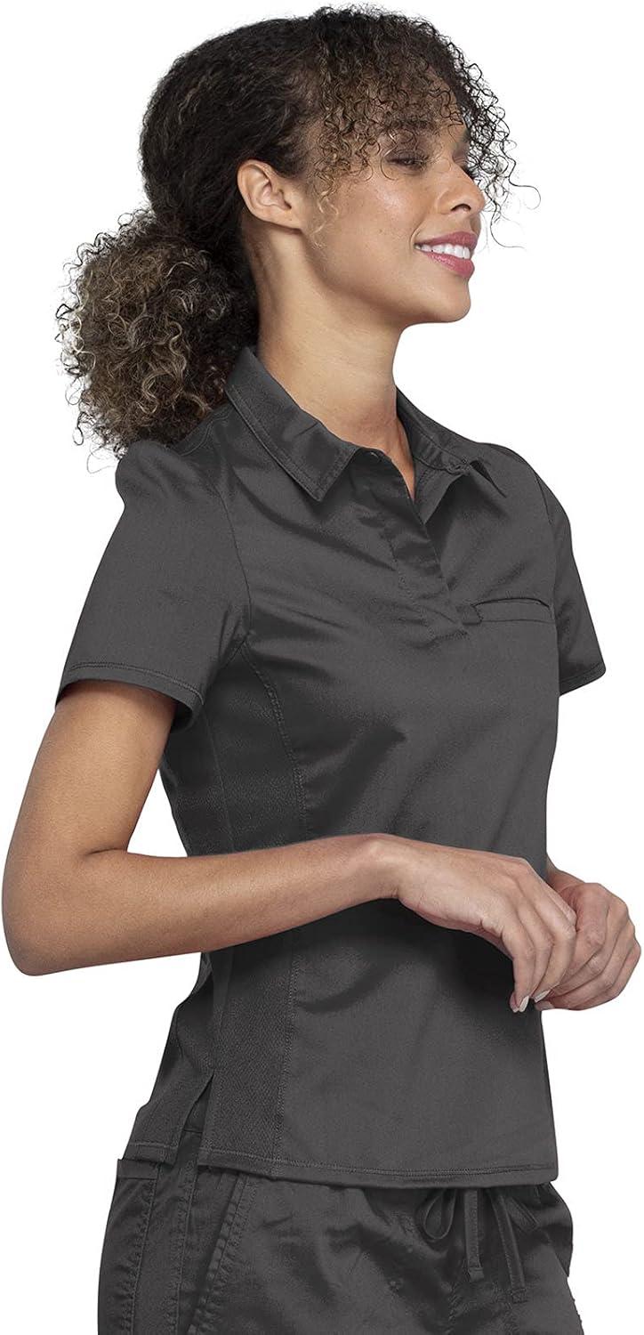 imageCherokee Scrub Set for Women Tuckable Snap Front Polo Shirt WW698 with Mid Rise Tapered Leg Drawstring Scrub Pant WW105Pewter